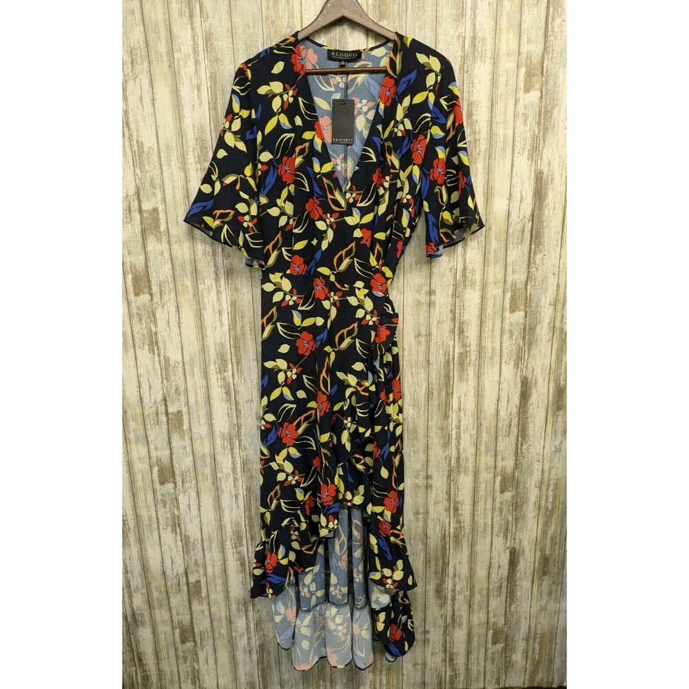 Eloquii Maxi High Low Wrap Dress Floral Navy Ruffle Short Sleeve 14 NWT $150